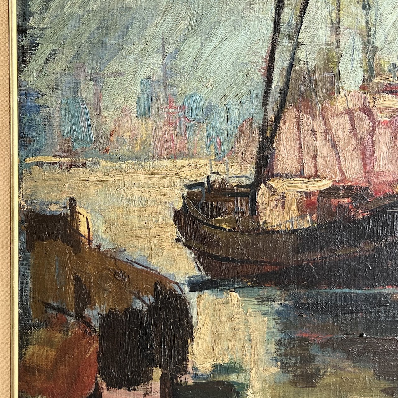 Mid-Century Modern Harbor Scene Signed Oil Painting