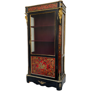 Early 20th C. French Chinoiserie Ormolu Mounted Brass Inlaid Lacquered Display Cabinet