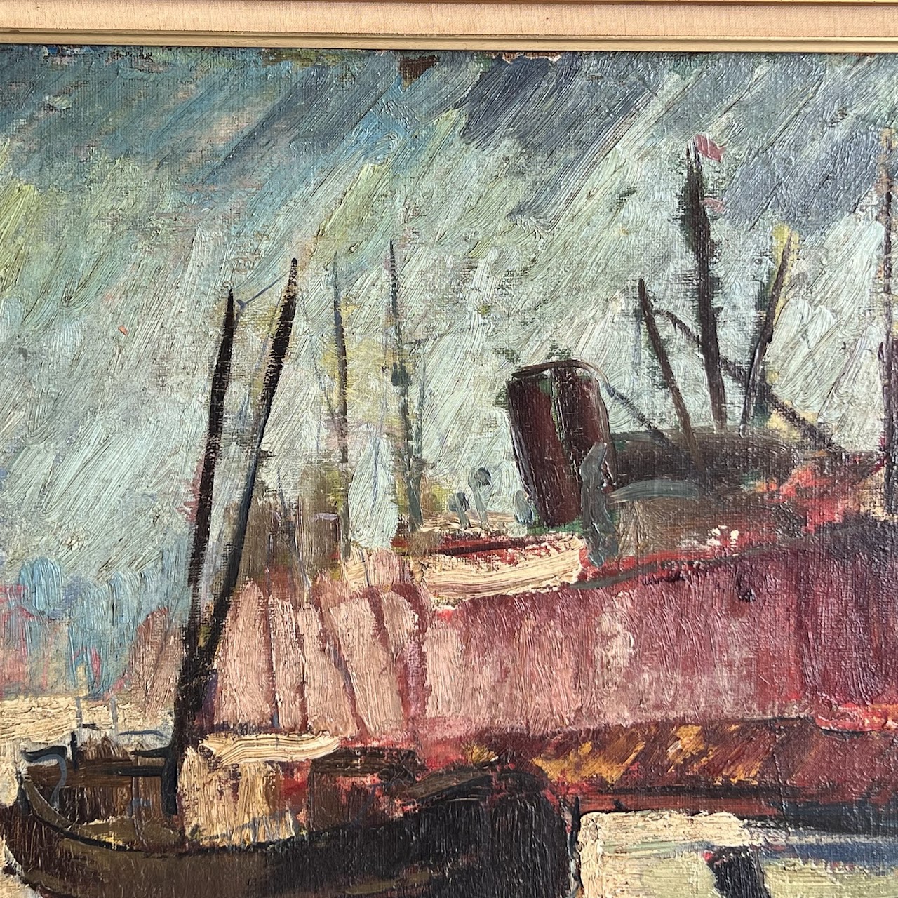 Mid-Century Modern Harbor Scene Signed Oil Painting