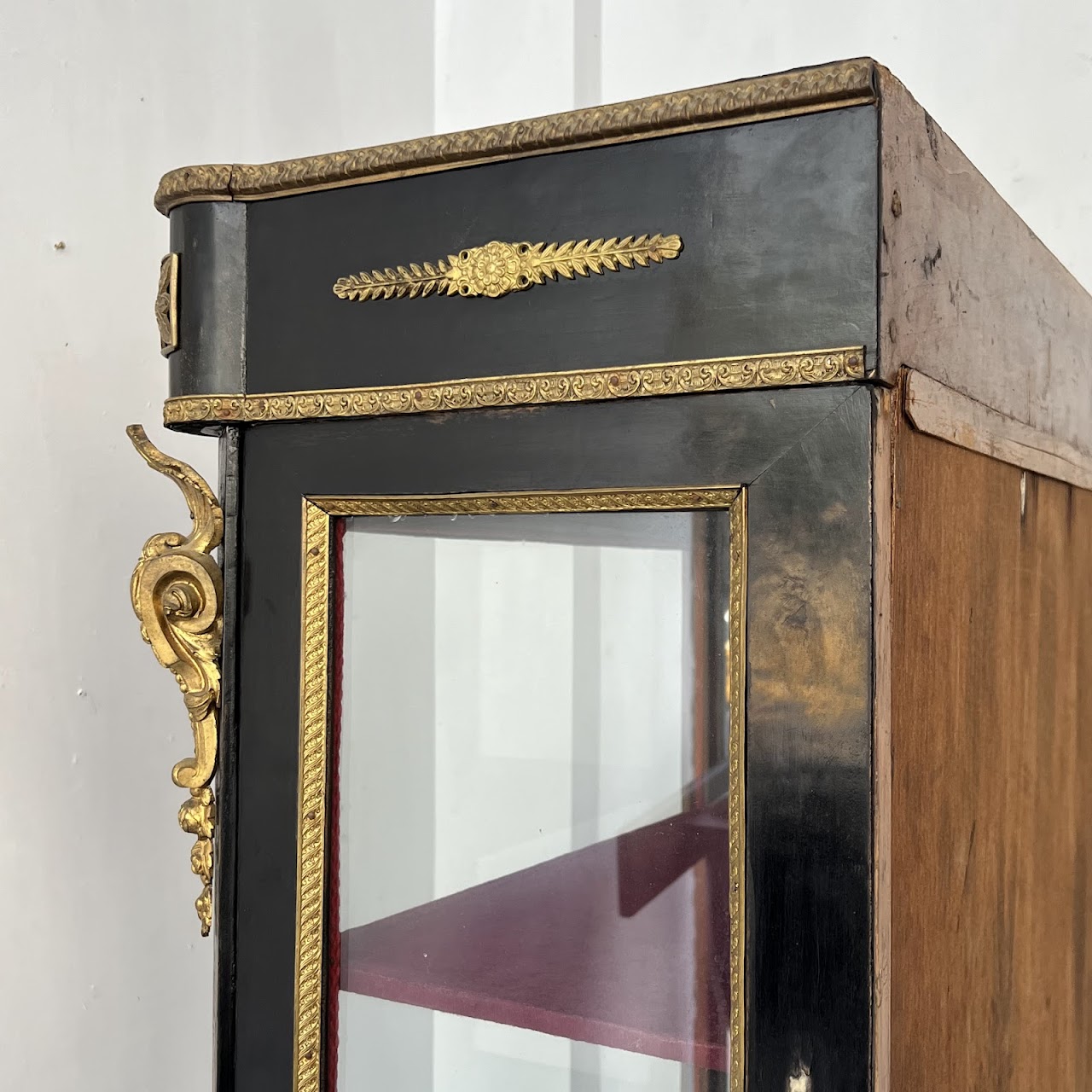 Early 20th C. French Chinoiserie Ormolu Mounted Brass Inlaid Lacquered Display Cabinet