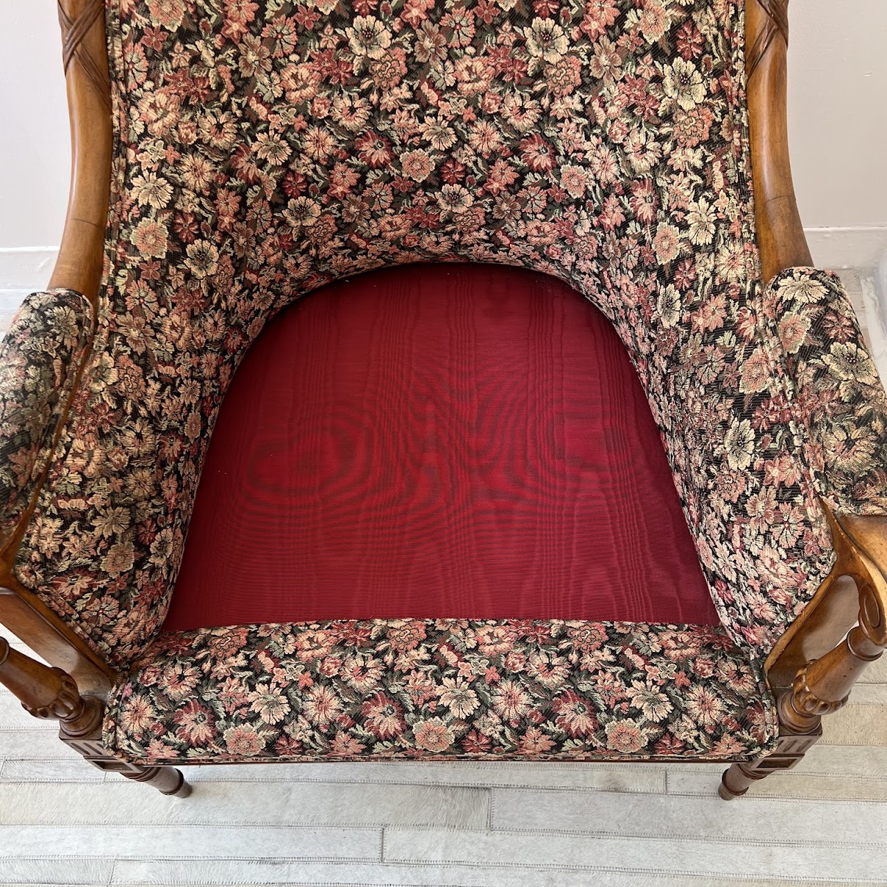 Mid-20th C. Carved Floral Upholstered Armchair Pair