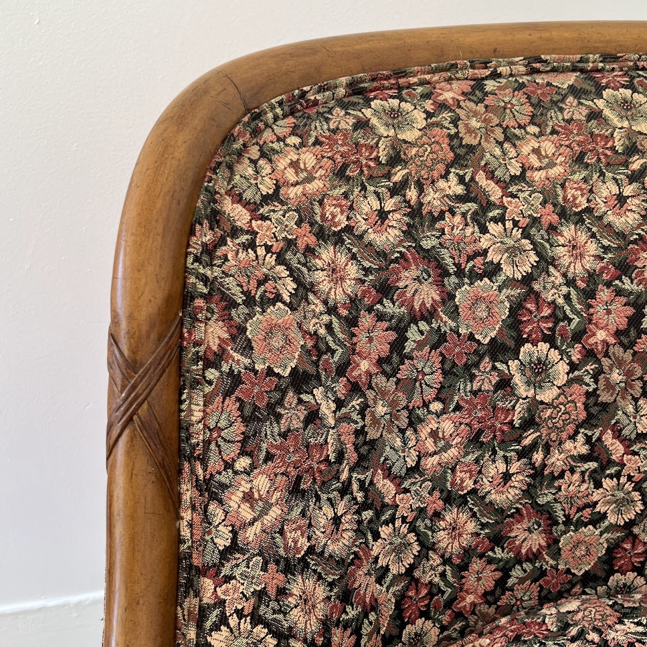 Mid-20th C. Carved Floral Upholstered Armchair Pair