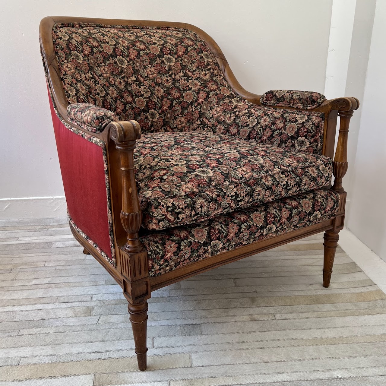 Mid-20th C. Carved Floral Upholstered Armchair Pair