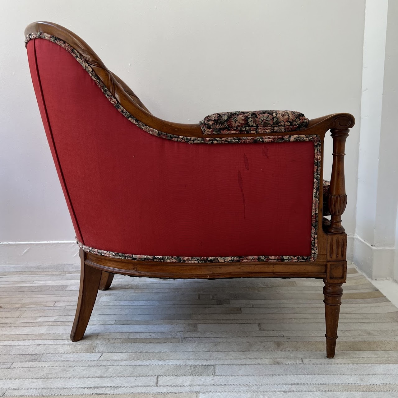 Mid-20th C. Carved Floral Upholstered Armchair Pair