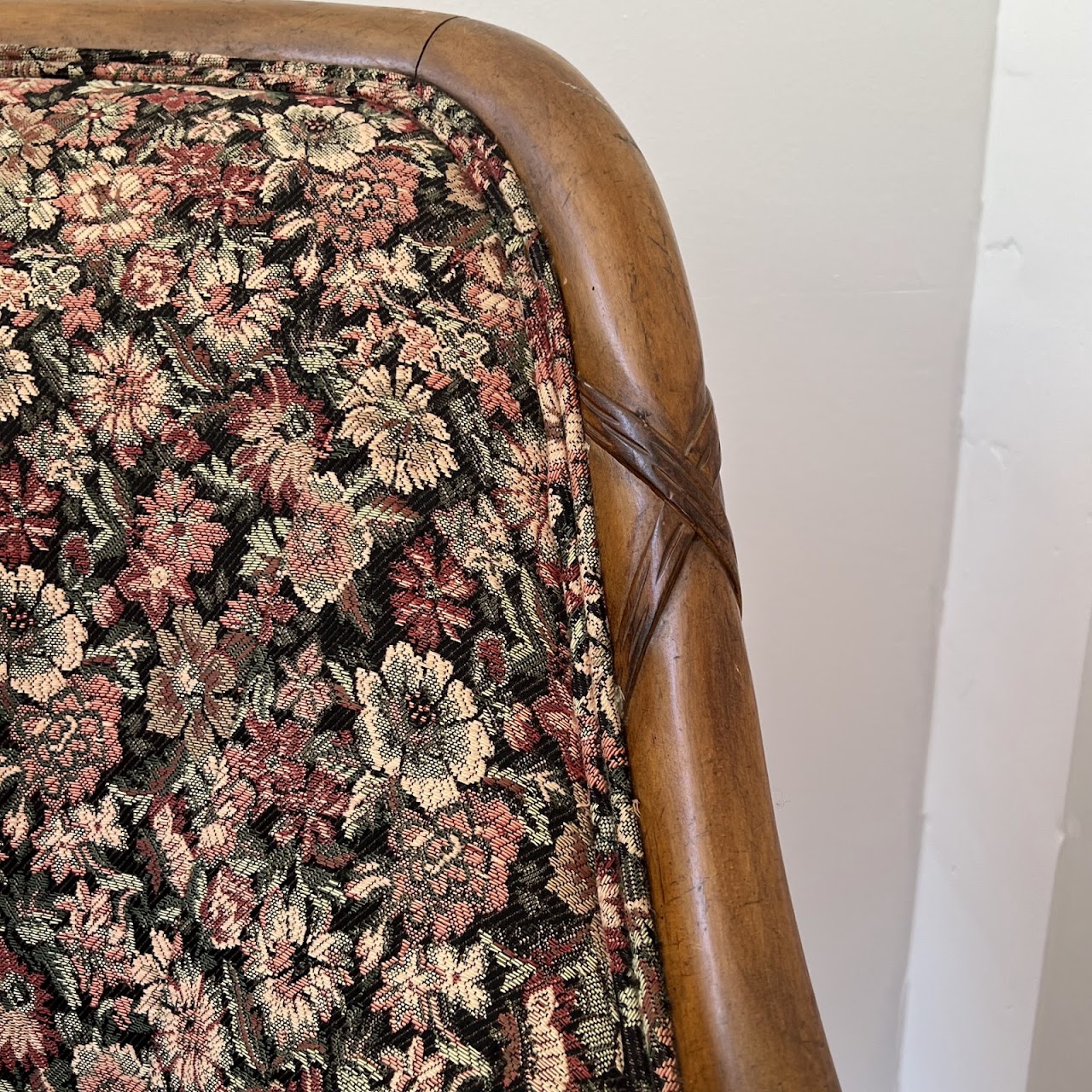 Mid-20th C. Carved Floral Upholstered Armchair Pair