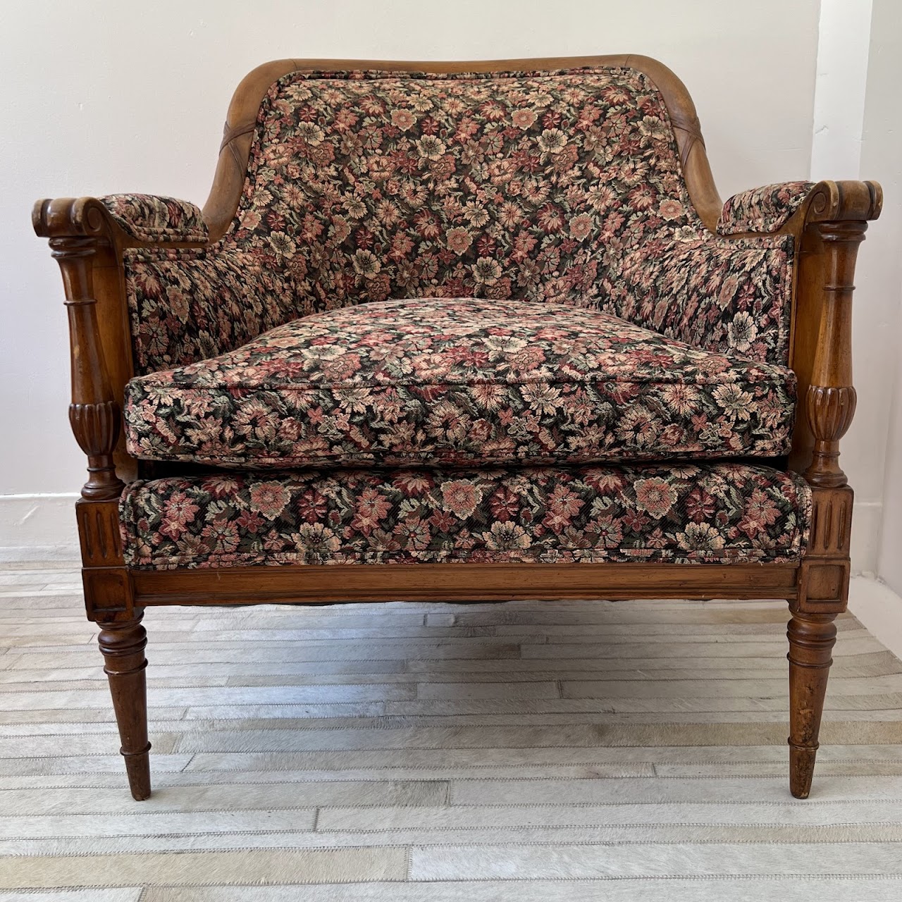 Mid-20th C. Carved Floral Upholstered Armchair Pair