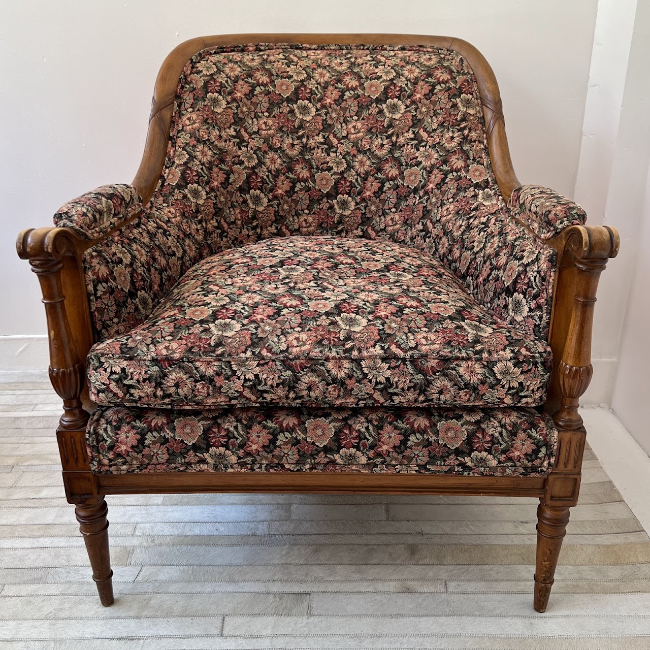 Mid-20th C. Carved Floral Upholstered Armchair Pair