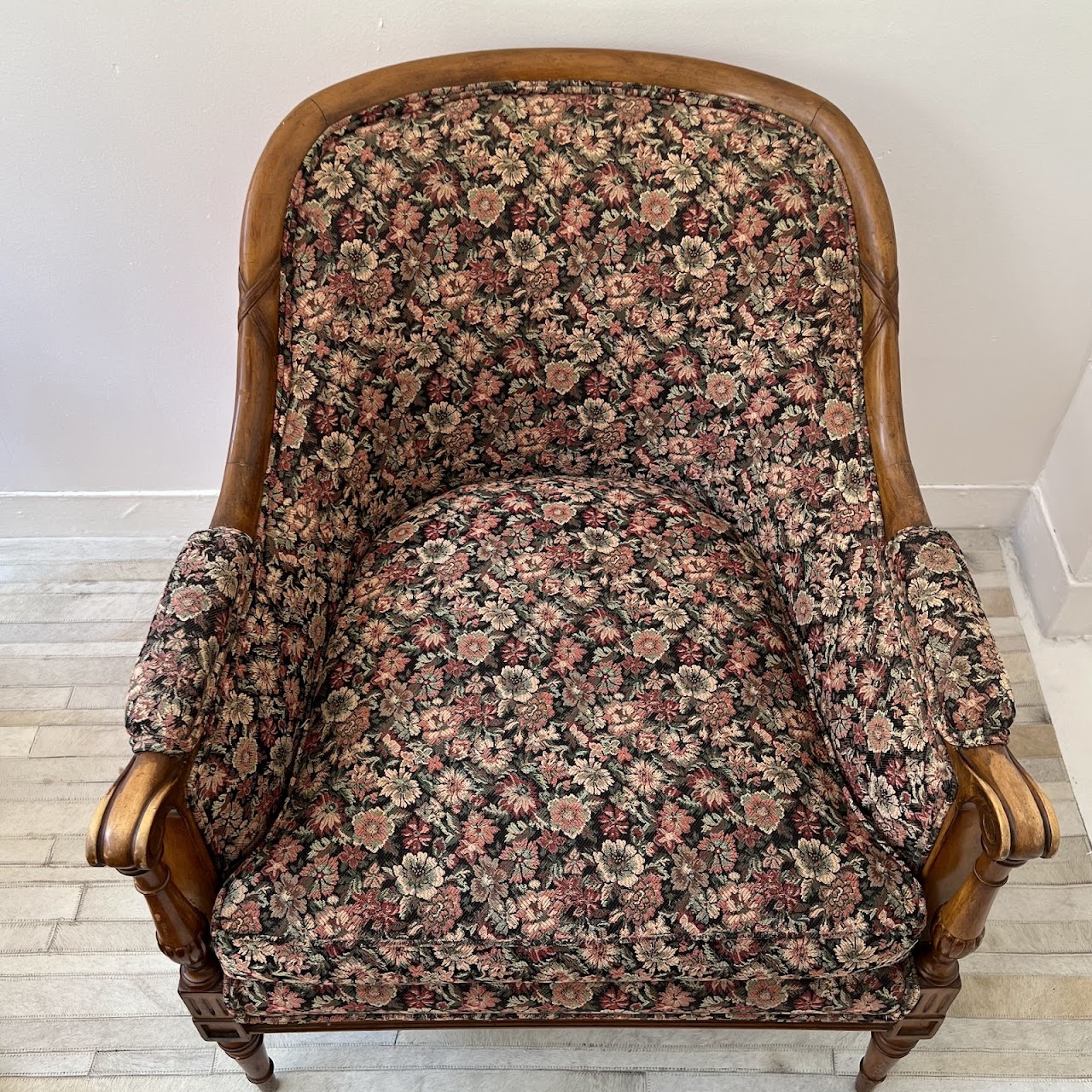 Mid-20th C. Carved Floral Upholstered Armchair Pair