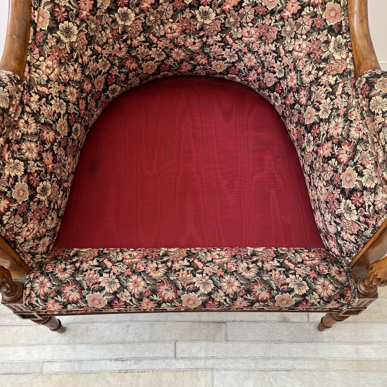 Mid-20th C. Carved Floral Upholstered Armchair Pair