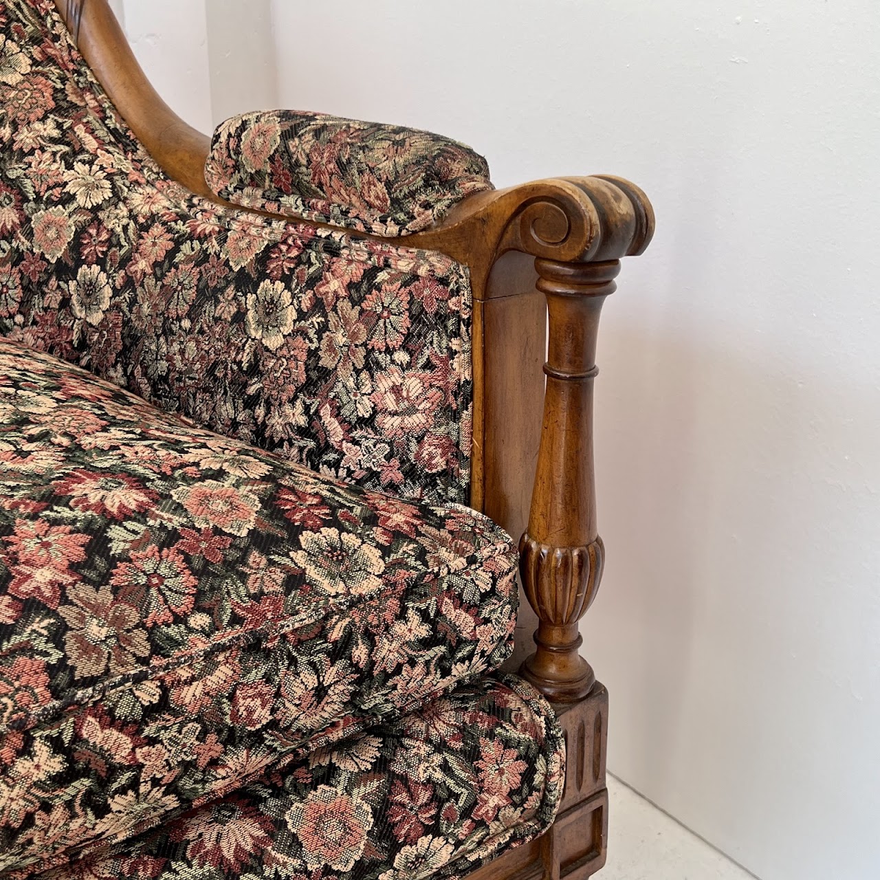 Mid-20th C. Carved Floral Upholstered Armchair Pair