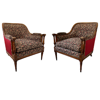 Mid-20th C. Carved Floral Upholstered Armchair Pair