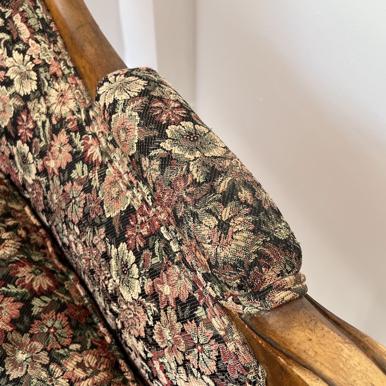 Mid-20th C. Carved Floral Upholstered Armchair Pair