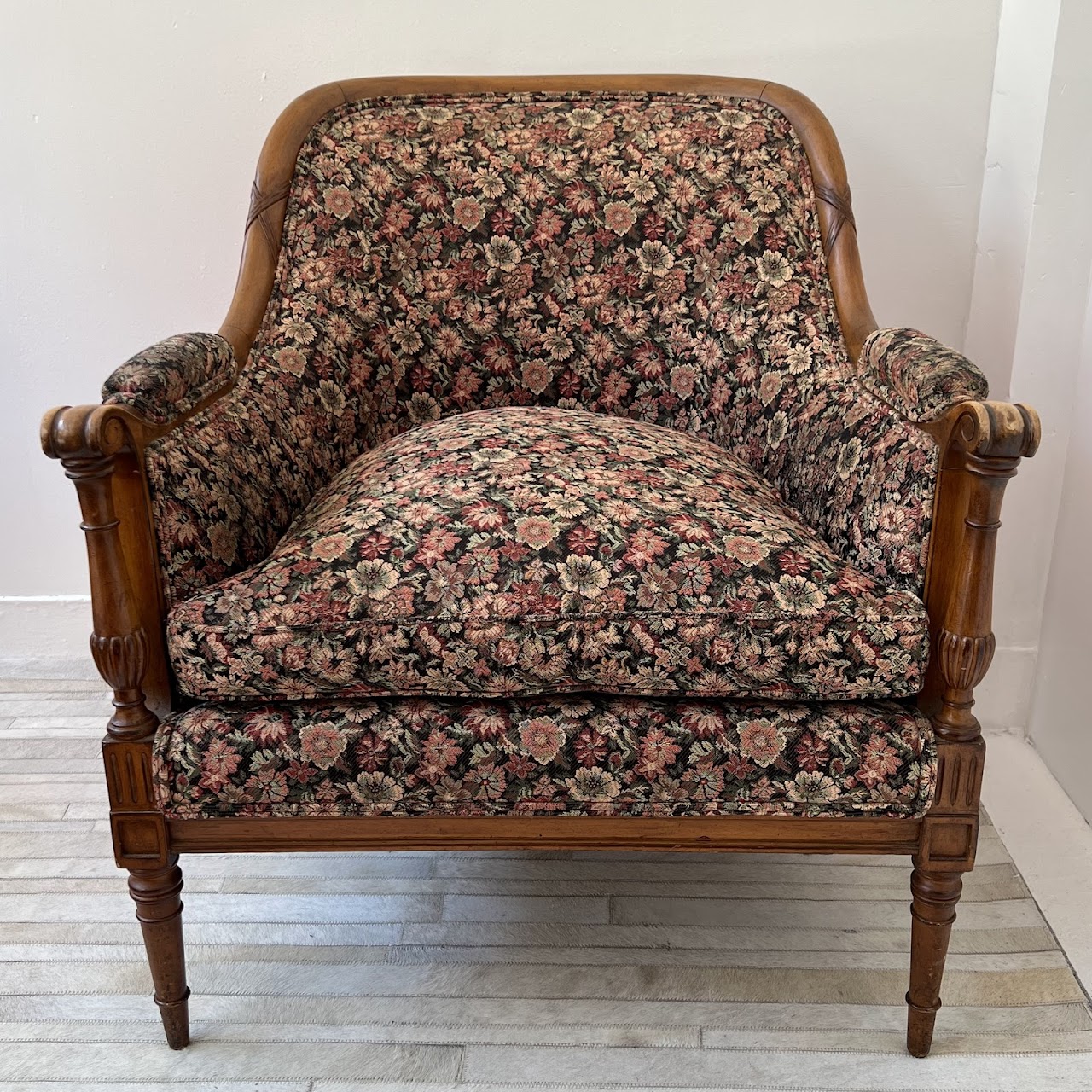 Mid-20th C. Carved Floral Upholstered Armchair Pair