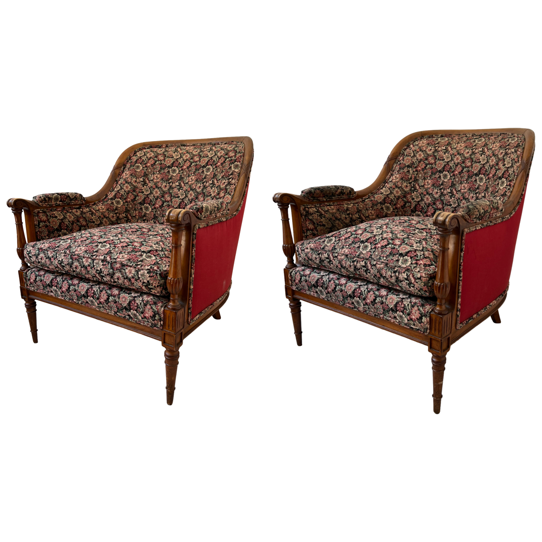 Mid-20th C. Carved Floral Upholstered Armchair Pair