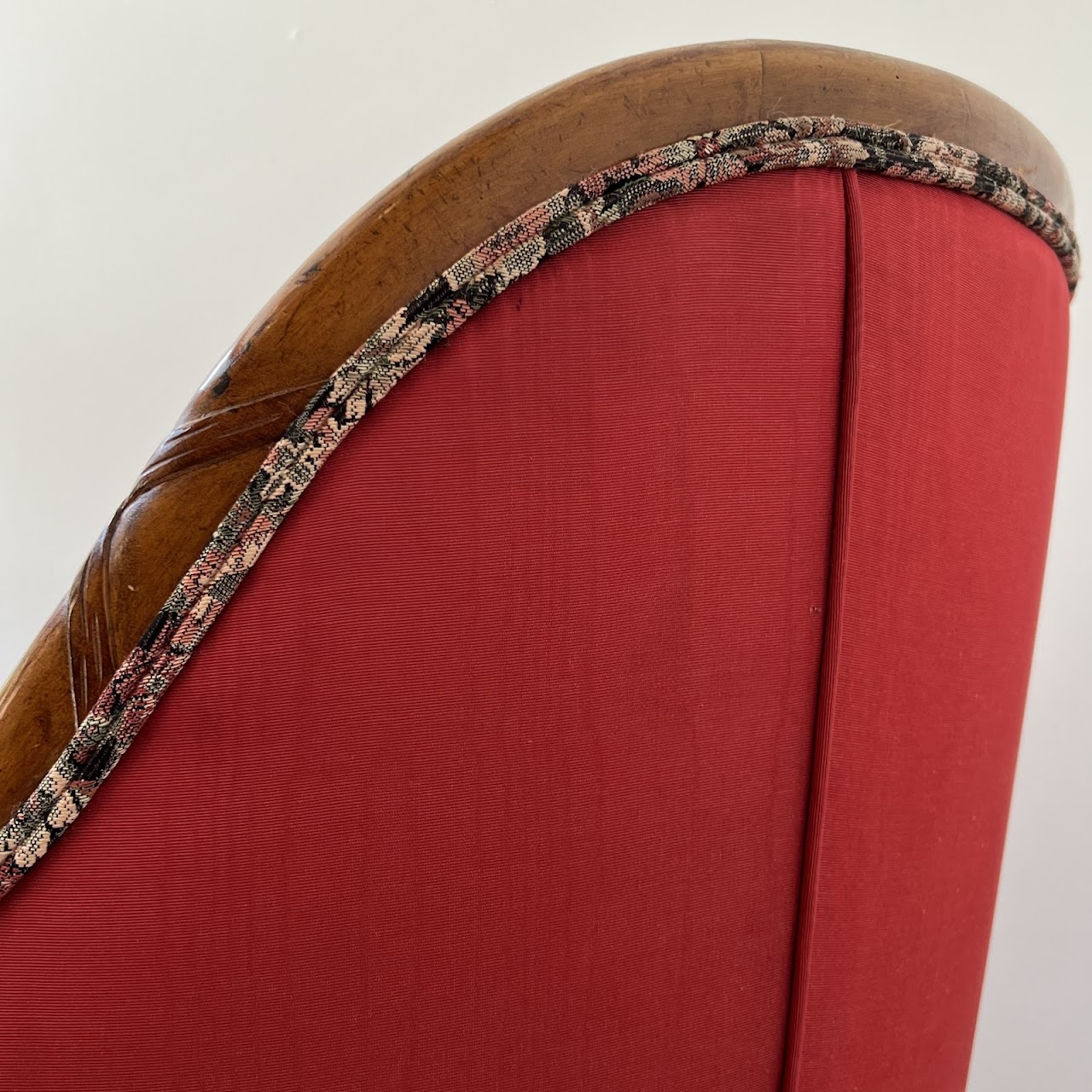 Mid-20th C. Carved Floral Upholstered Armchair Pair