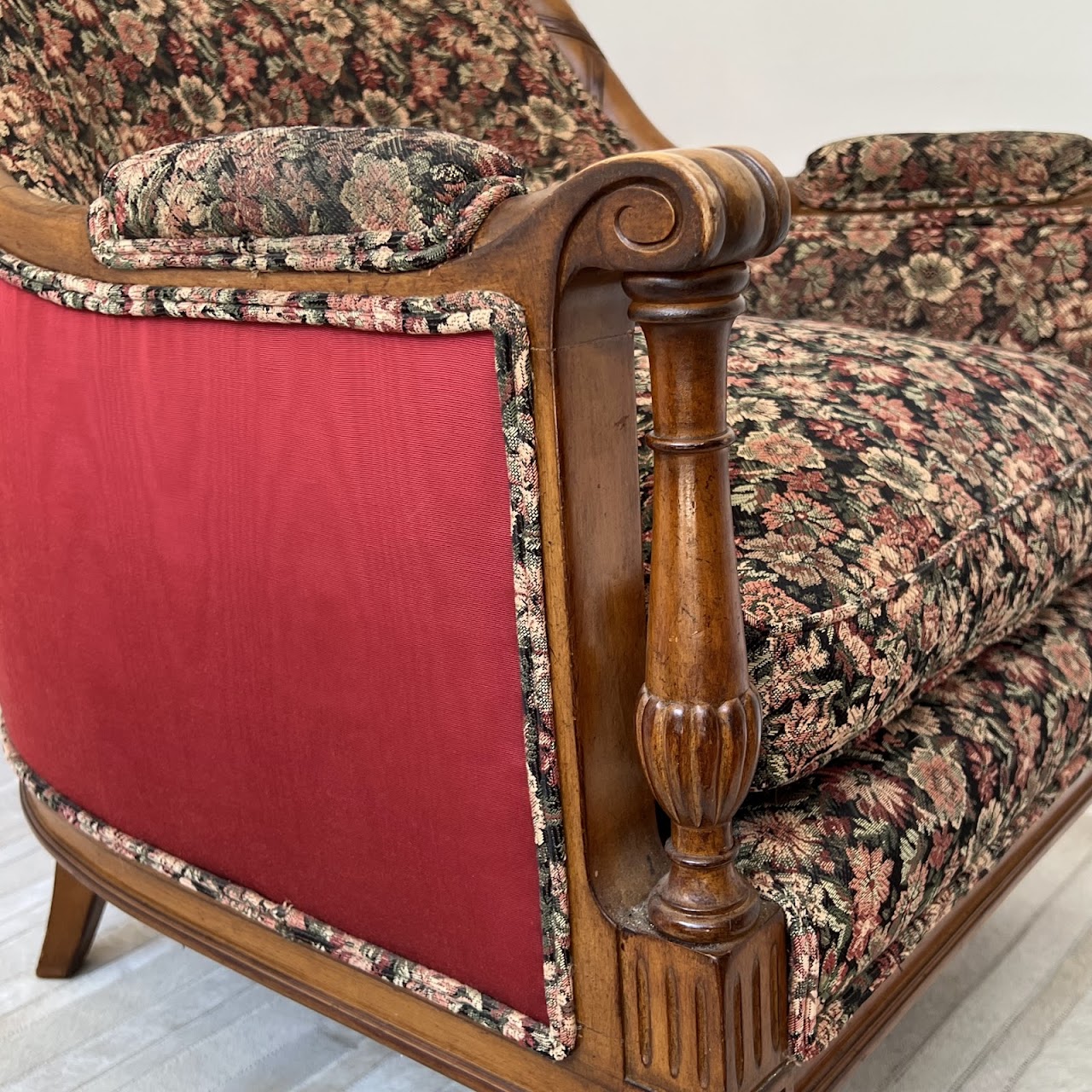 Mid-20th C. Carved Floral Upholstered Armchair Pair