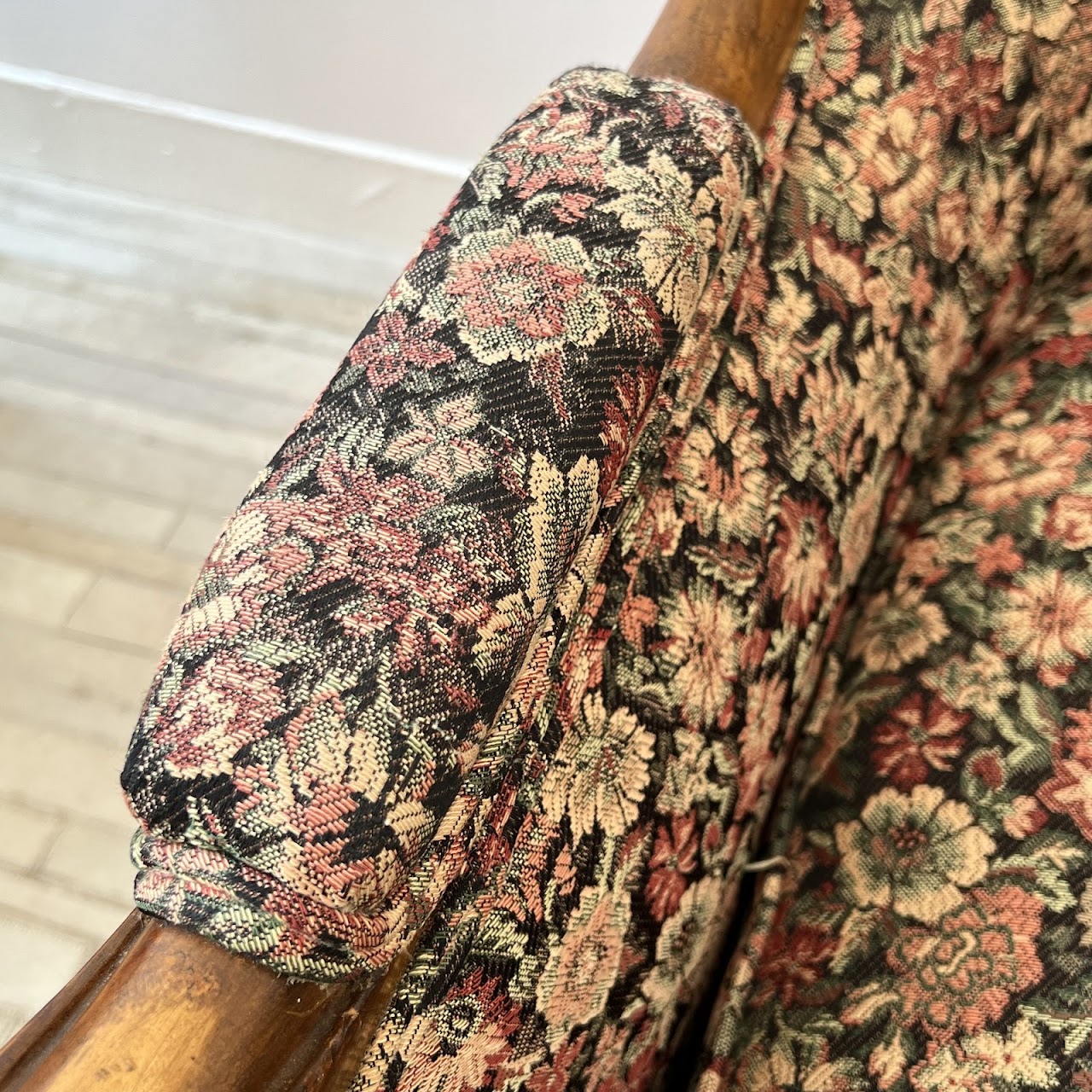 Mid-20th C. Carved Floral Upholstered Armchair Pair