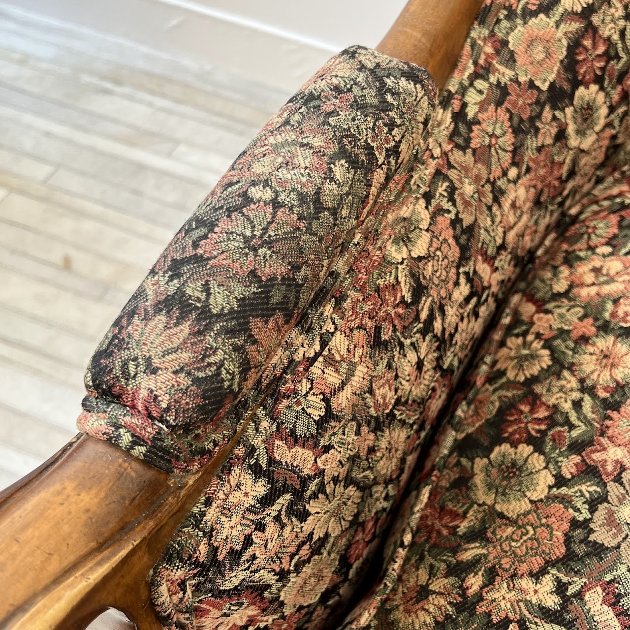 Mid-20th C. Carved Floral Upholstered Armchair Pair