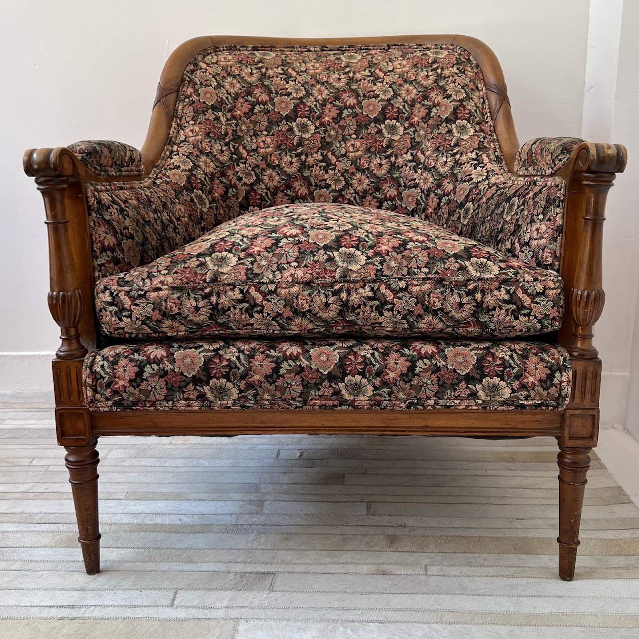 Mid-20th C. Carved Floral Upholstered Armchair Pair