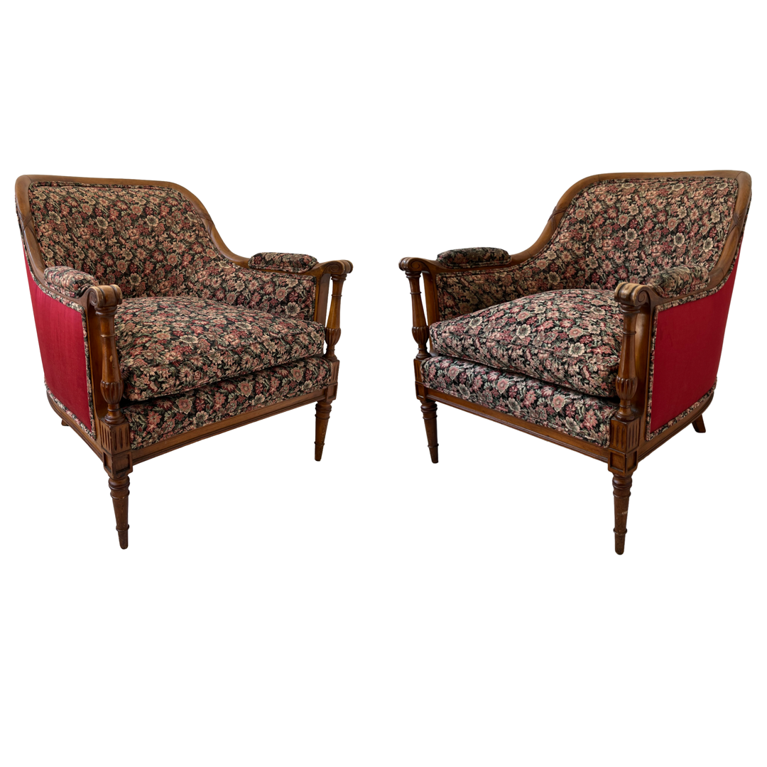 Mid-20th C. Carved Floral Upholstered Armchair Pair