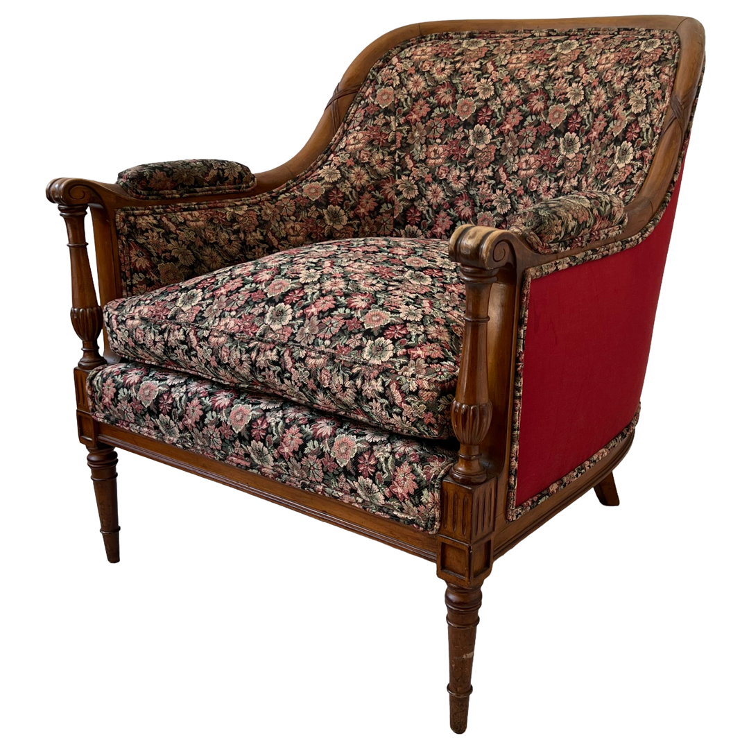 Mid-20th C. Carved Floral Upholstered Armchair Pair