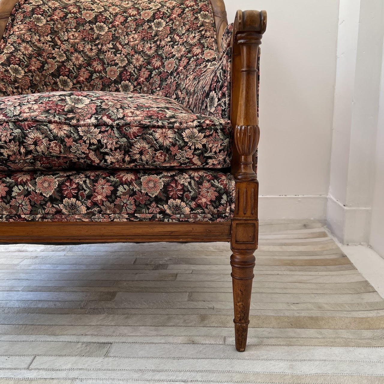 Mid-20th C. Carved Floral Upholstered Armchair Pair