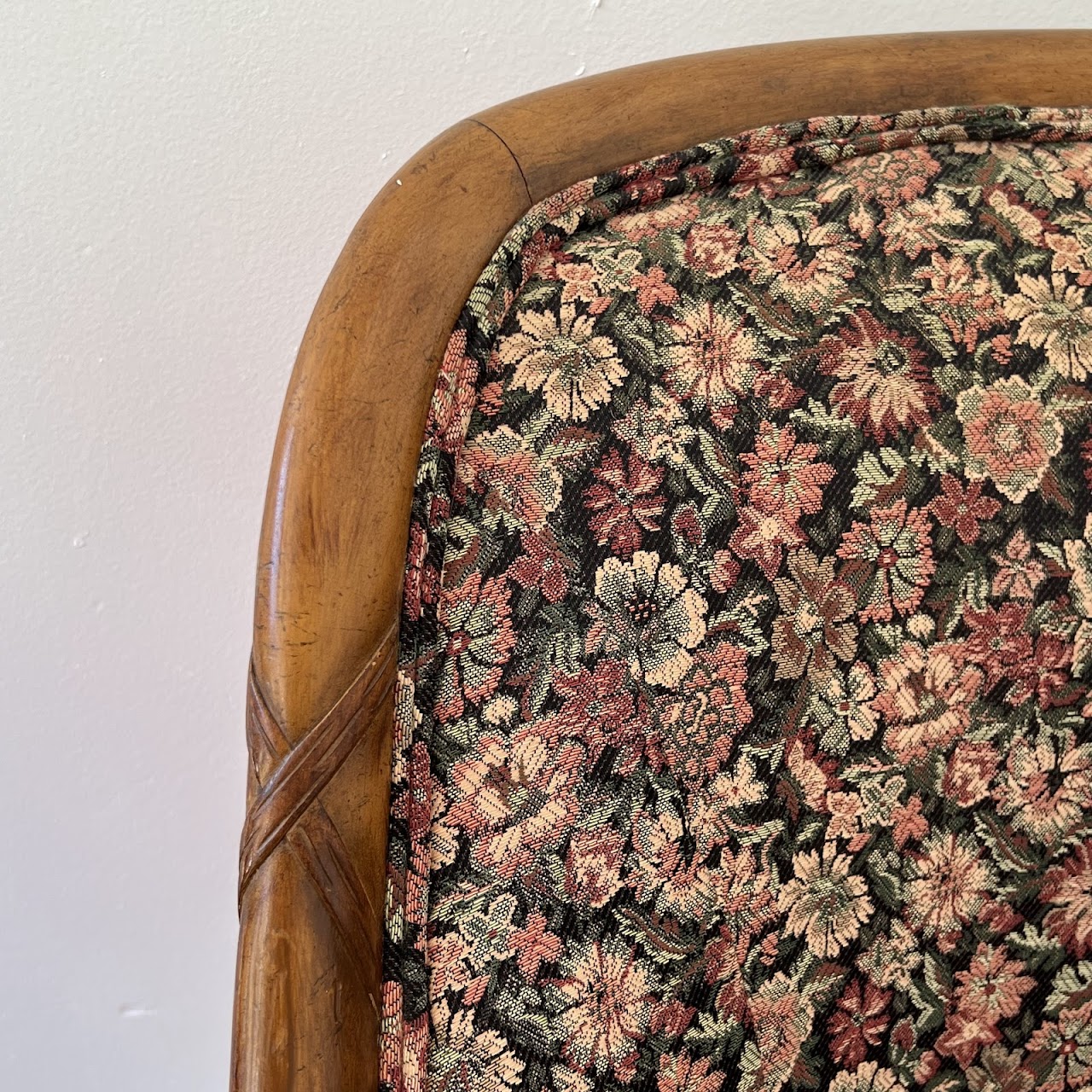 Mid-20th C. Carved Floral Upholstered Armchair Pair