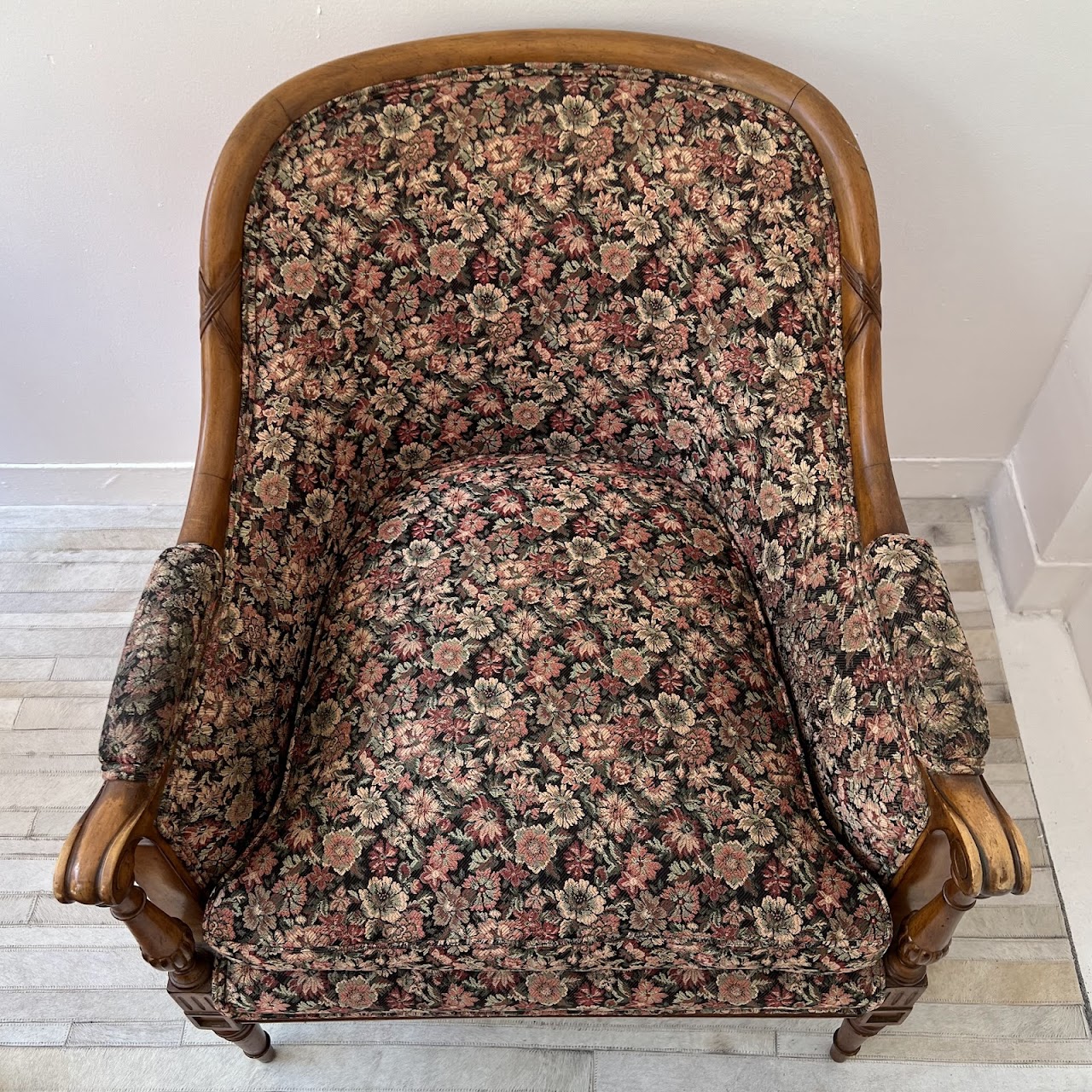 Mid-20th C. Carved Floral Upholstered Armchair Pair