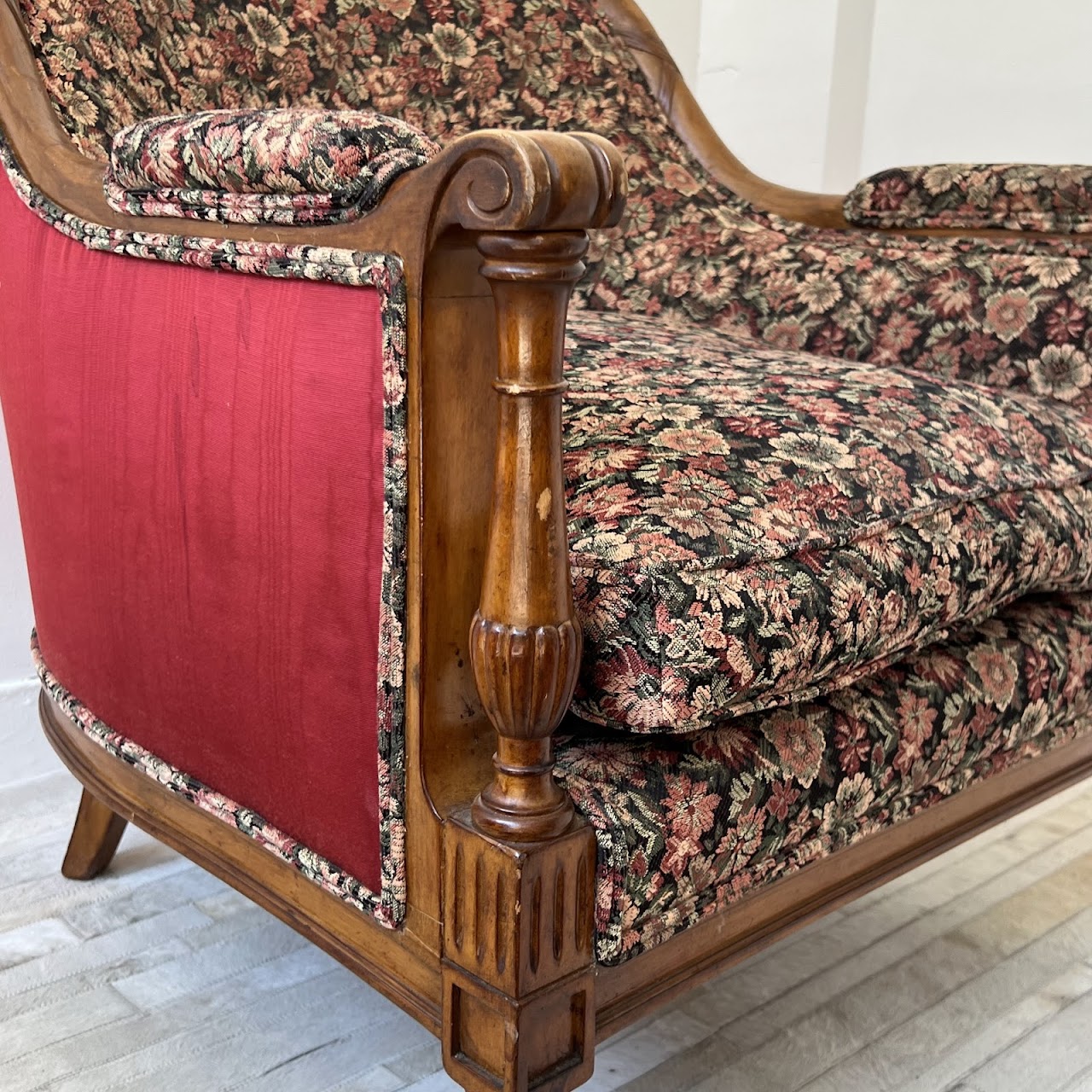 Mid-20th C. Carved Floral Upholstered Armchair Pair