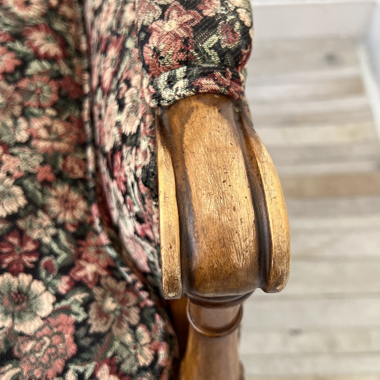 Mid-20th C. Carved Floral Upholstered Armchair Pair