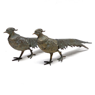 Antiqued Signed Brass Pheasant Pair