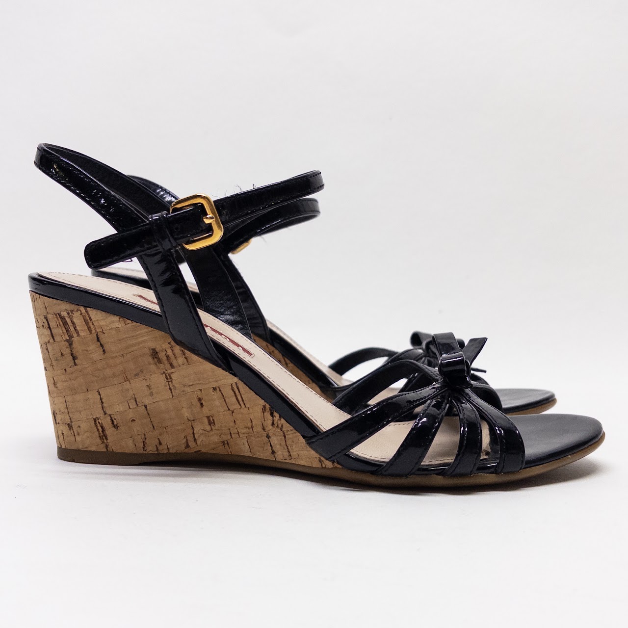 Prada Patent Leather Cork Wedge Sandals