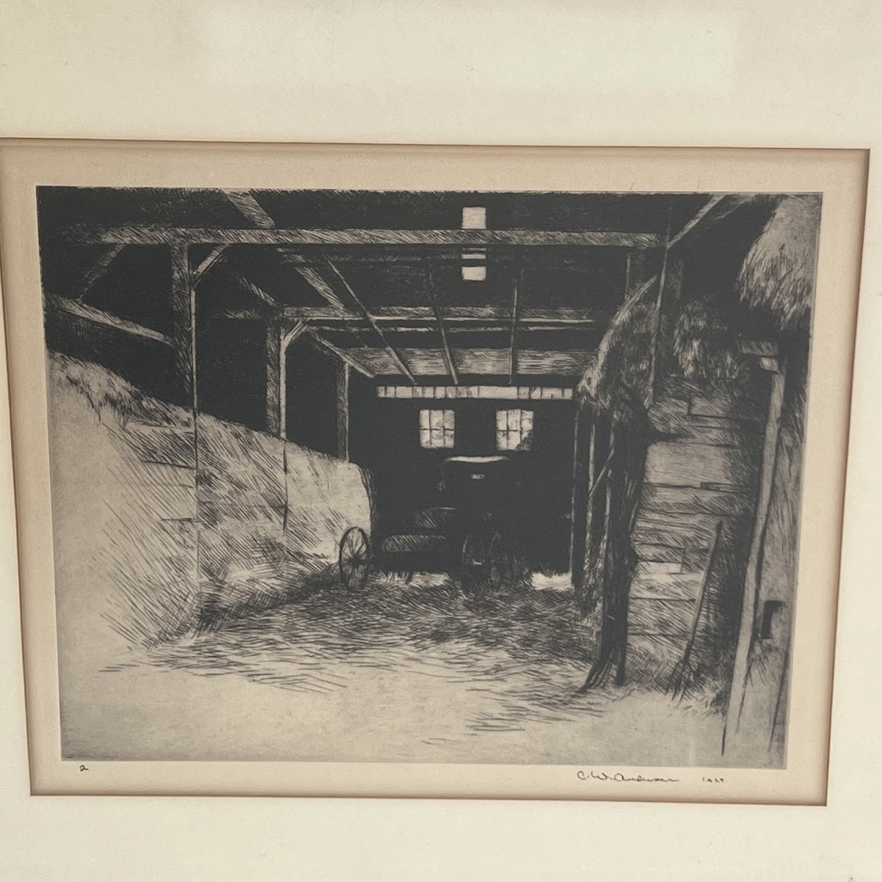 Clarence William Anderson Signed Barn Interior Etching, 1929