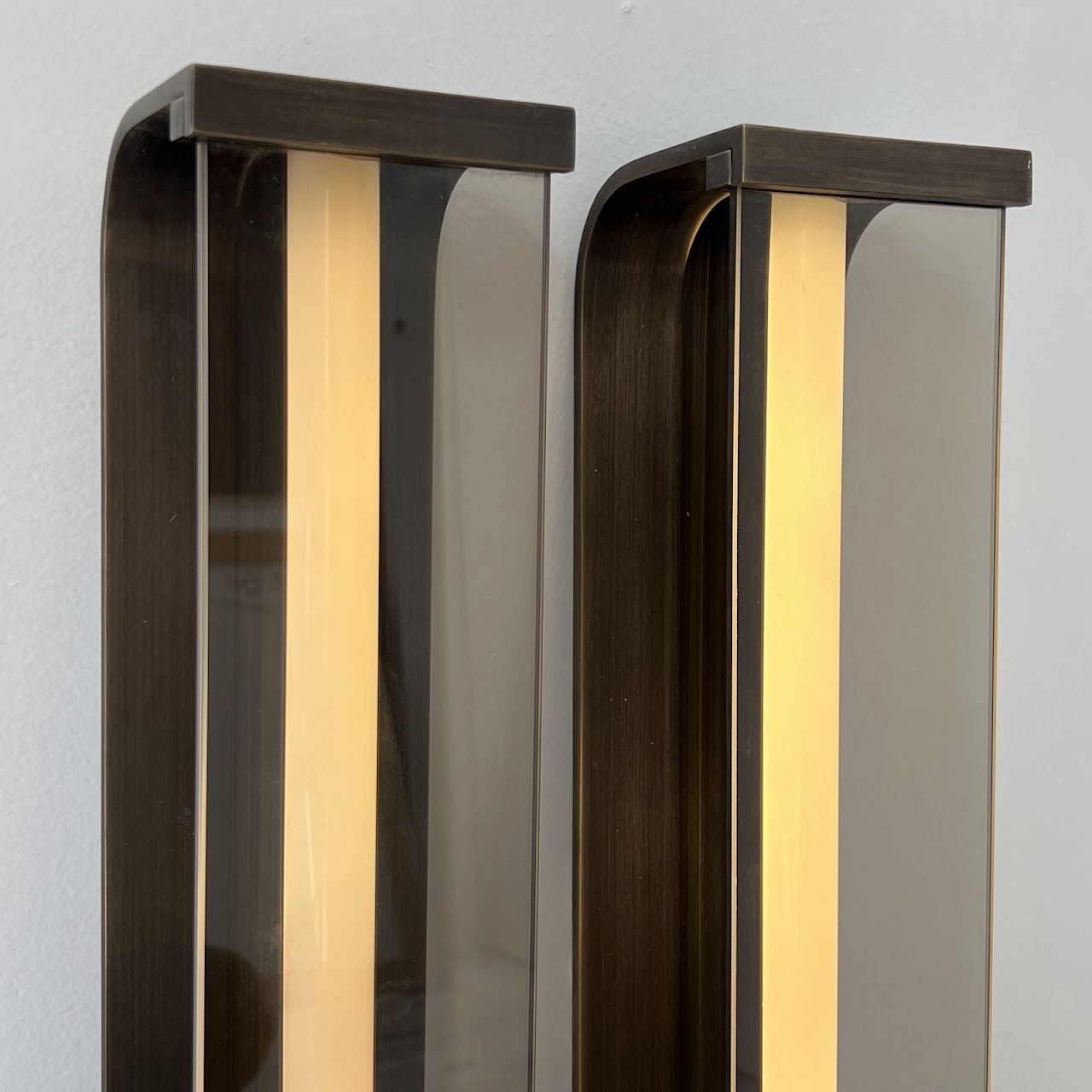 Antiqued Bronze and Smoke Brass Linear Wall Sconce Pair