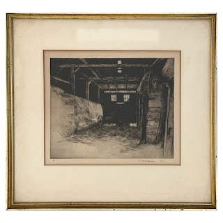 Clarence William Anderson Signed Barn Interior Etching, 1929