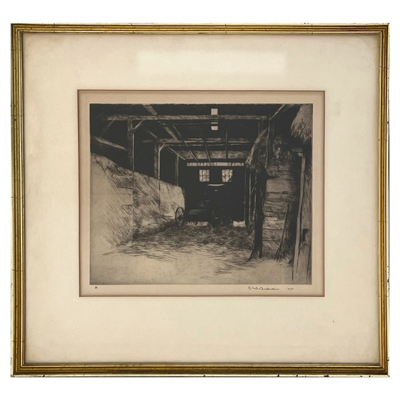 Clarence William Anderson Signed Barn Interior Etching, 1929