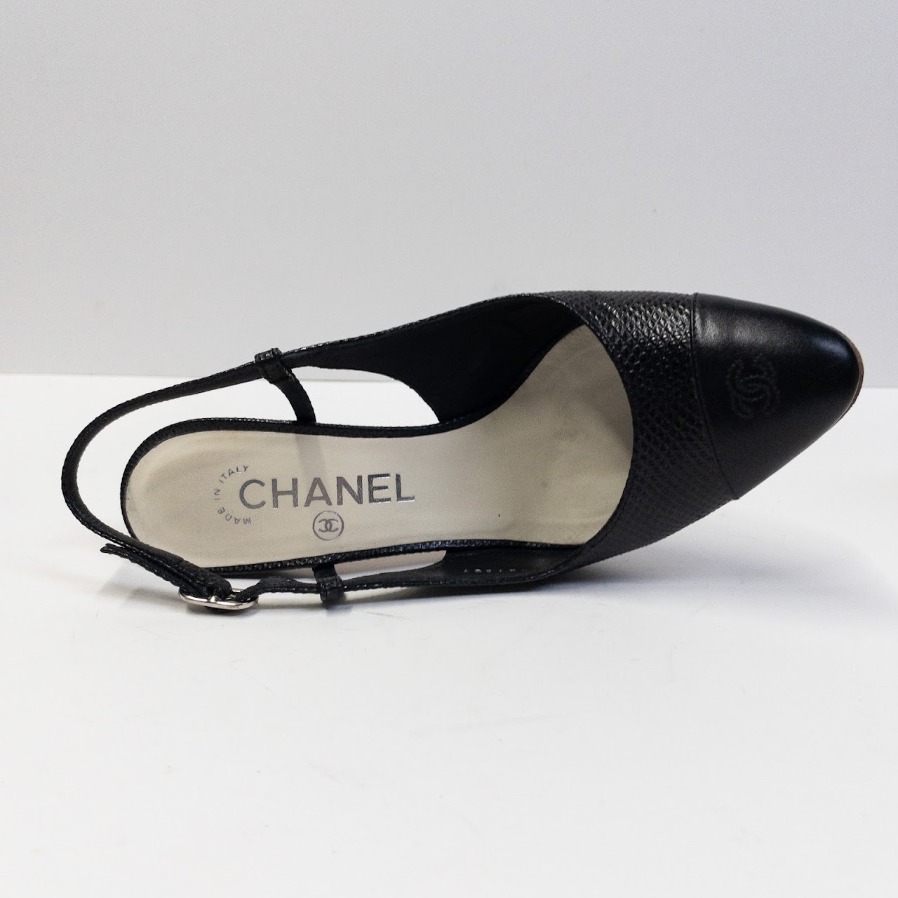 Chanel Embossed Black  Slingback Pumps