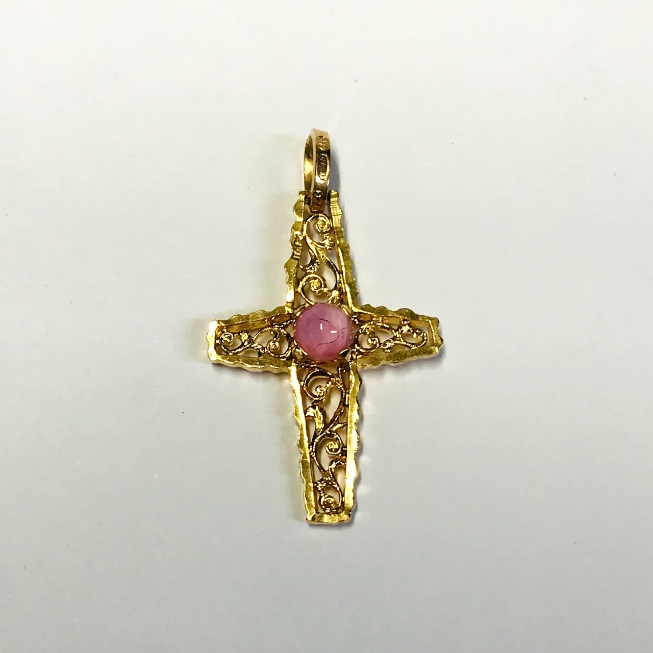 18K Gold Filigree Cross Pendant with Pink Accent