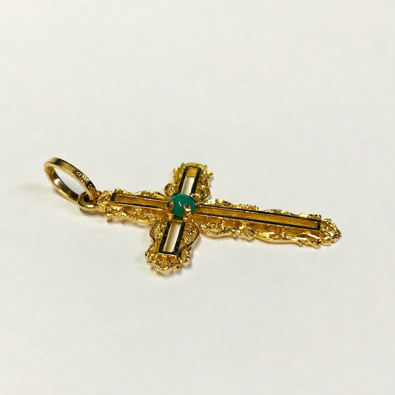 18K Gold Cross Pendant With Green Accent