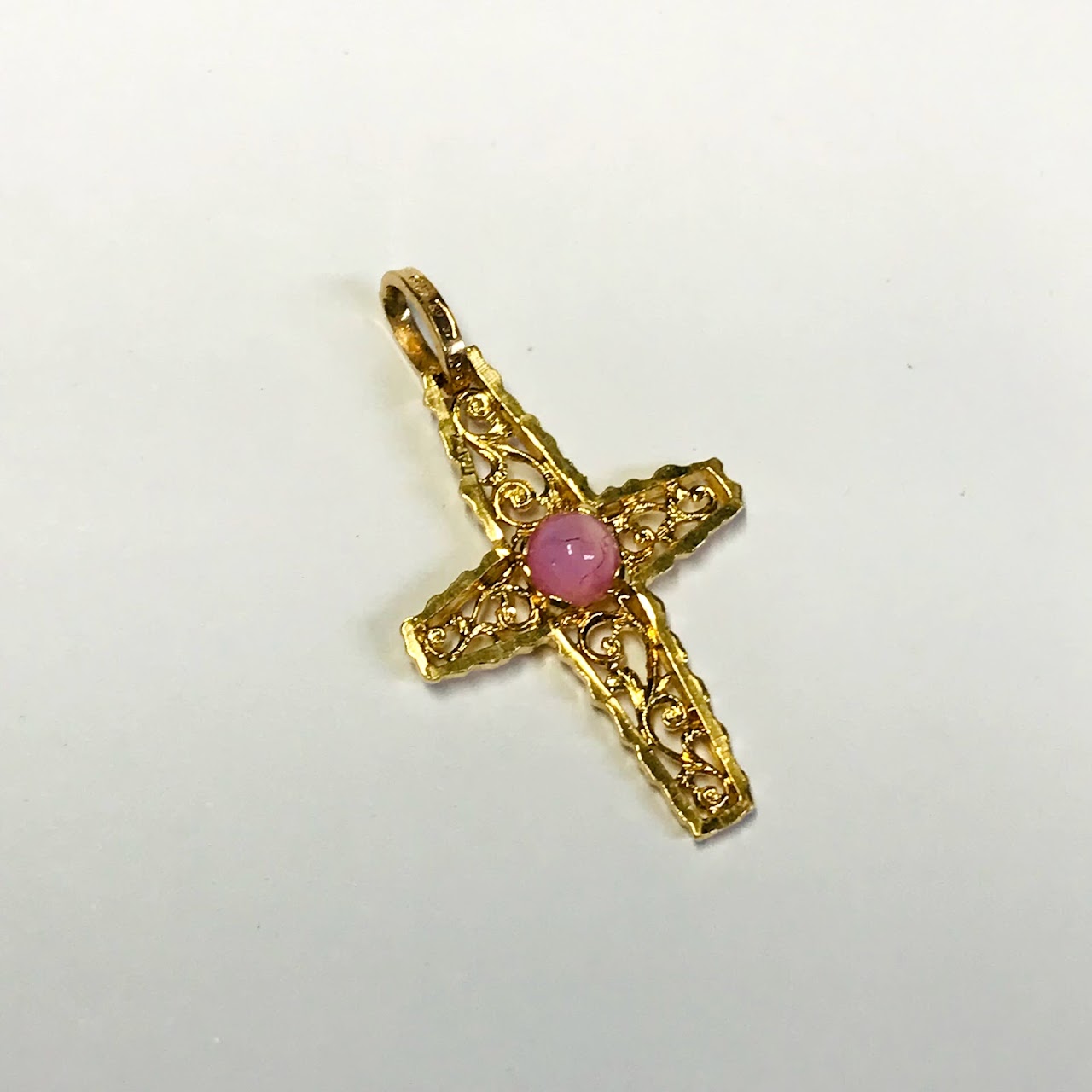 18K Gold Filigree Cross Pendant with Pink Accent