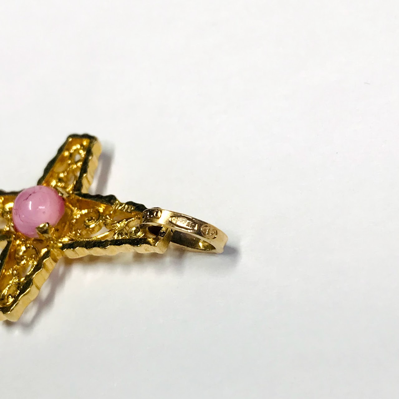 18K Gold Filigree Cross Pendant with Pink Accent