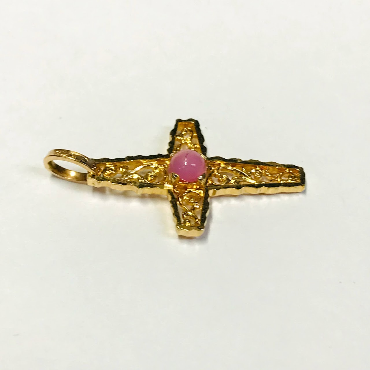 18K Gold Filigree Cross Pendant with Pink Accent