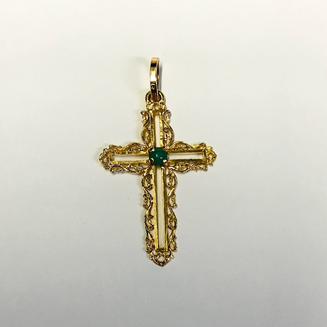 18K Gold Cross Pendant With Green Accent