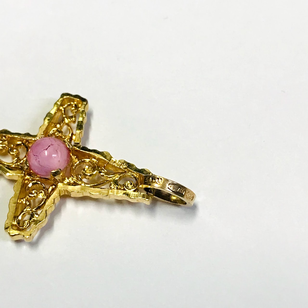 18K Gold Filigree Cross Pendant with Pink Accent