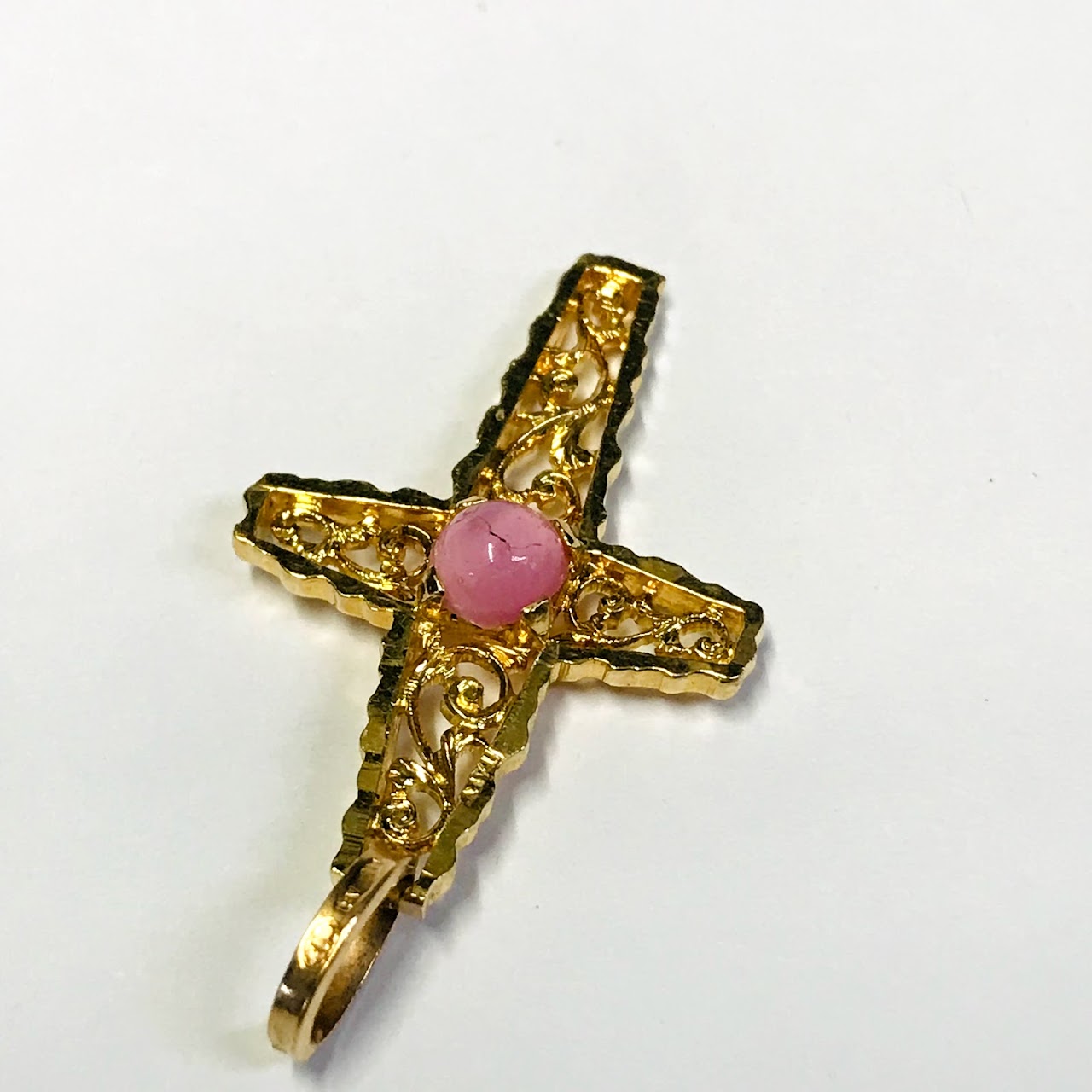 18K Gold Filigree Cross Pendant with Pink Accent