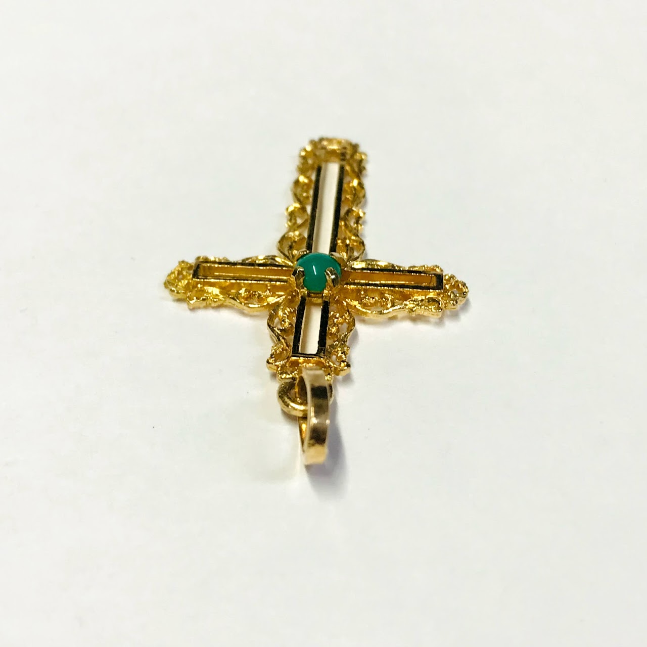 18K Gold Cross Pendant With Green Accent