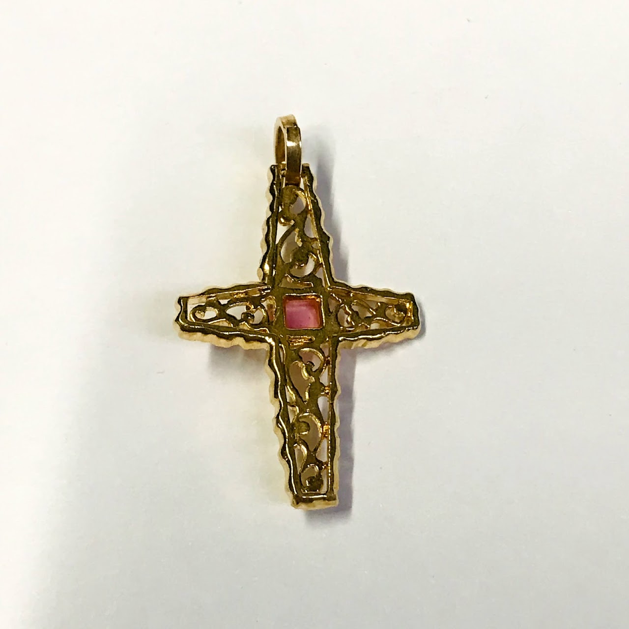 18K Gold Filigree Cross Pendant with Pink Accent