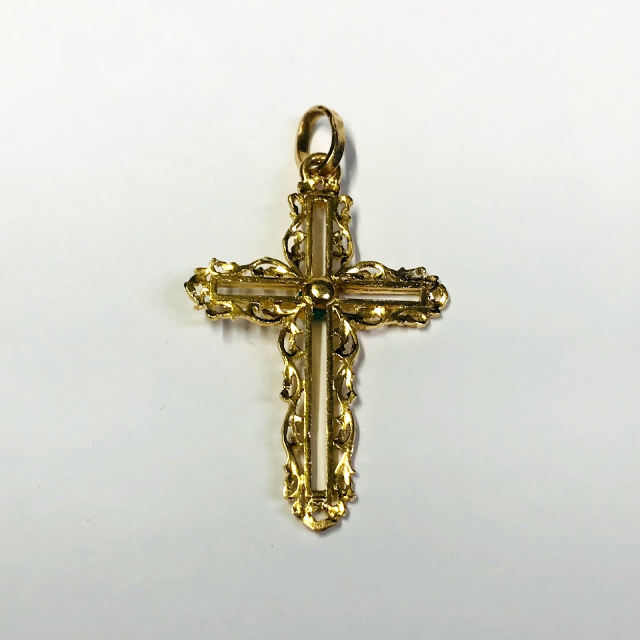 18K Gold Cross Pendant With Green Accent