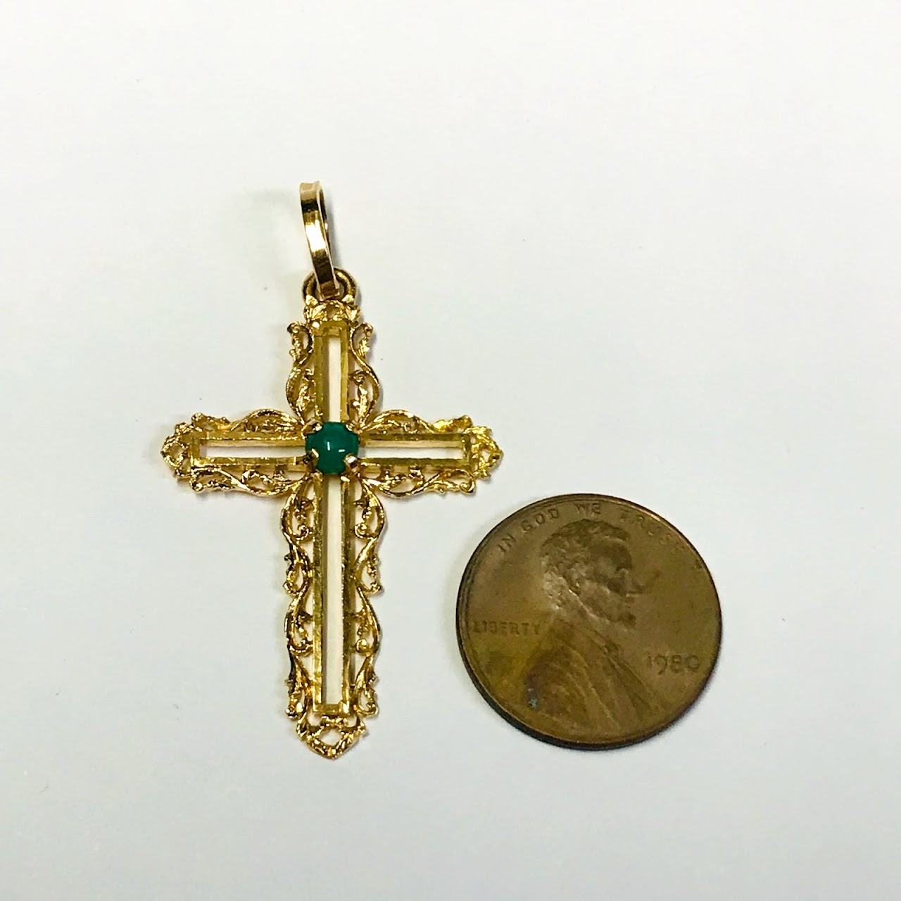 18K Gold Cross Pendant With Green Accent