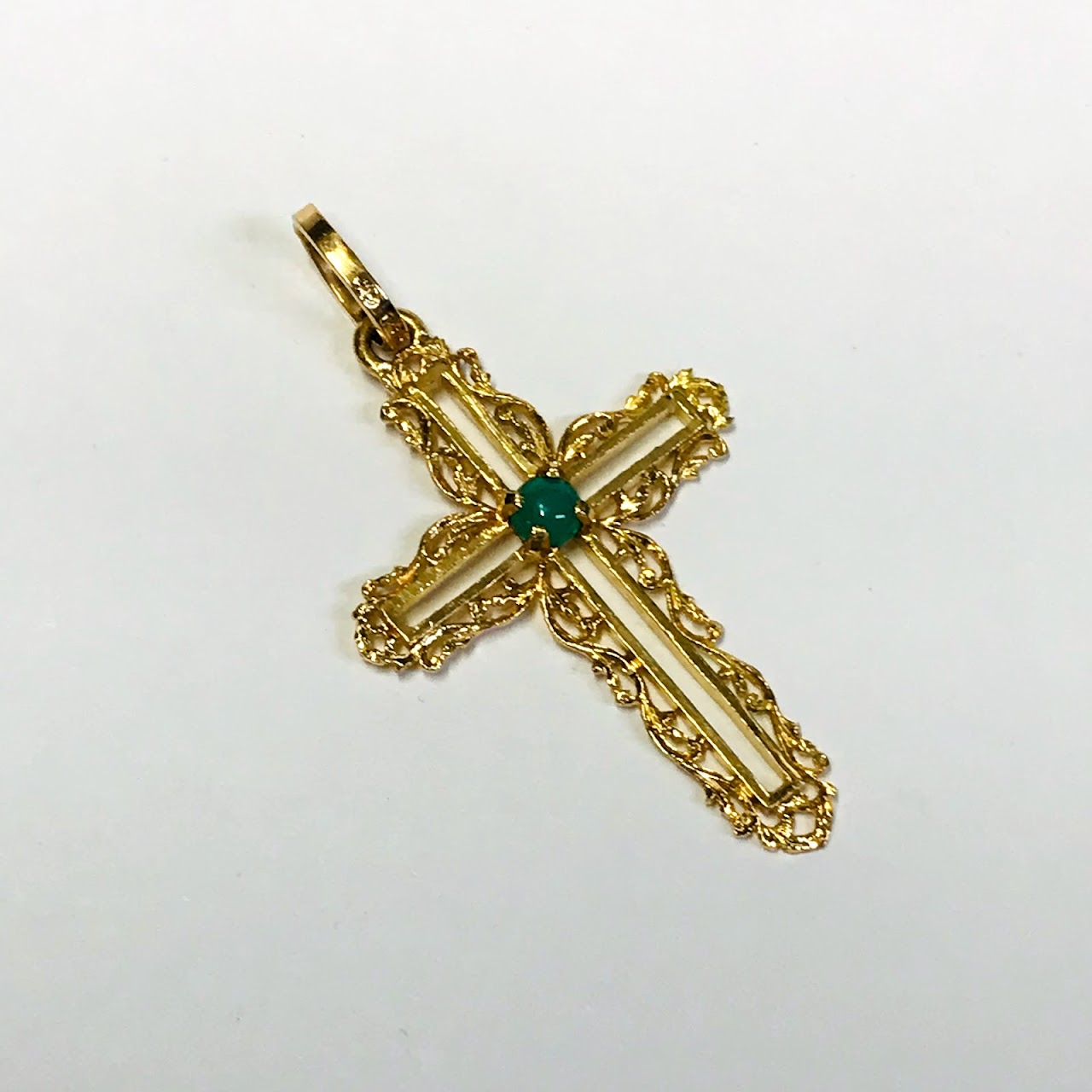 18K Gold Cross Pendant With Green Accent